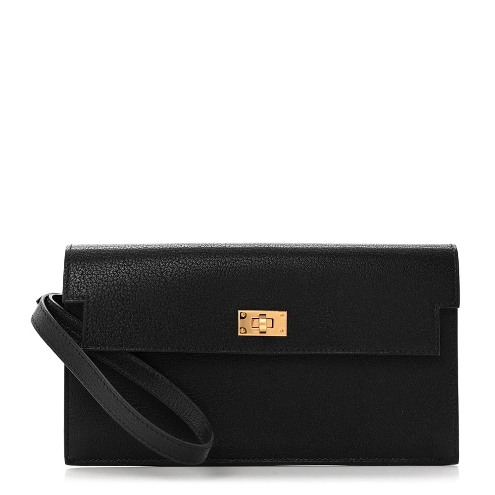Black Leather Crossbody Clutch with Gold Hardware Hermes lookalike.